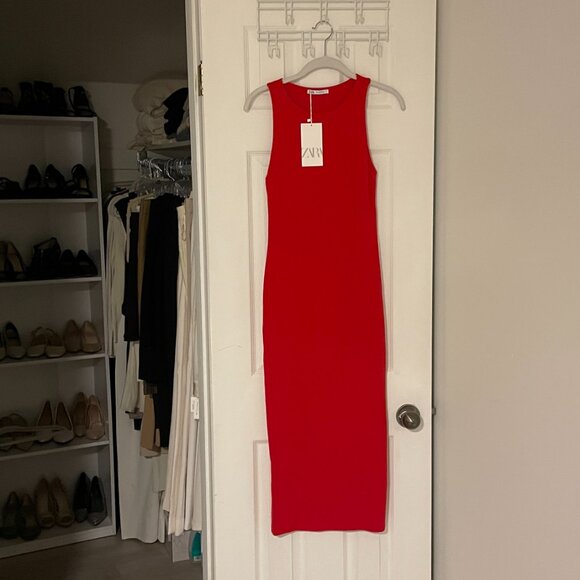 Zara Red Sleeveless Crew Neck Stretch Cami Camisole Tank Bodycon Mini Dress Sz M - Picture 3 of 6